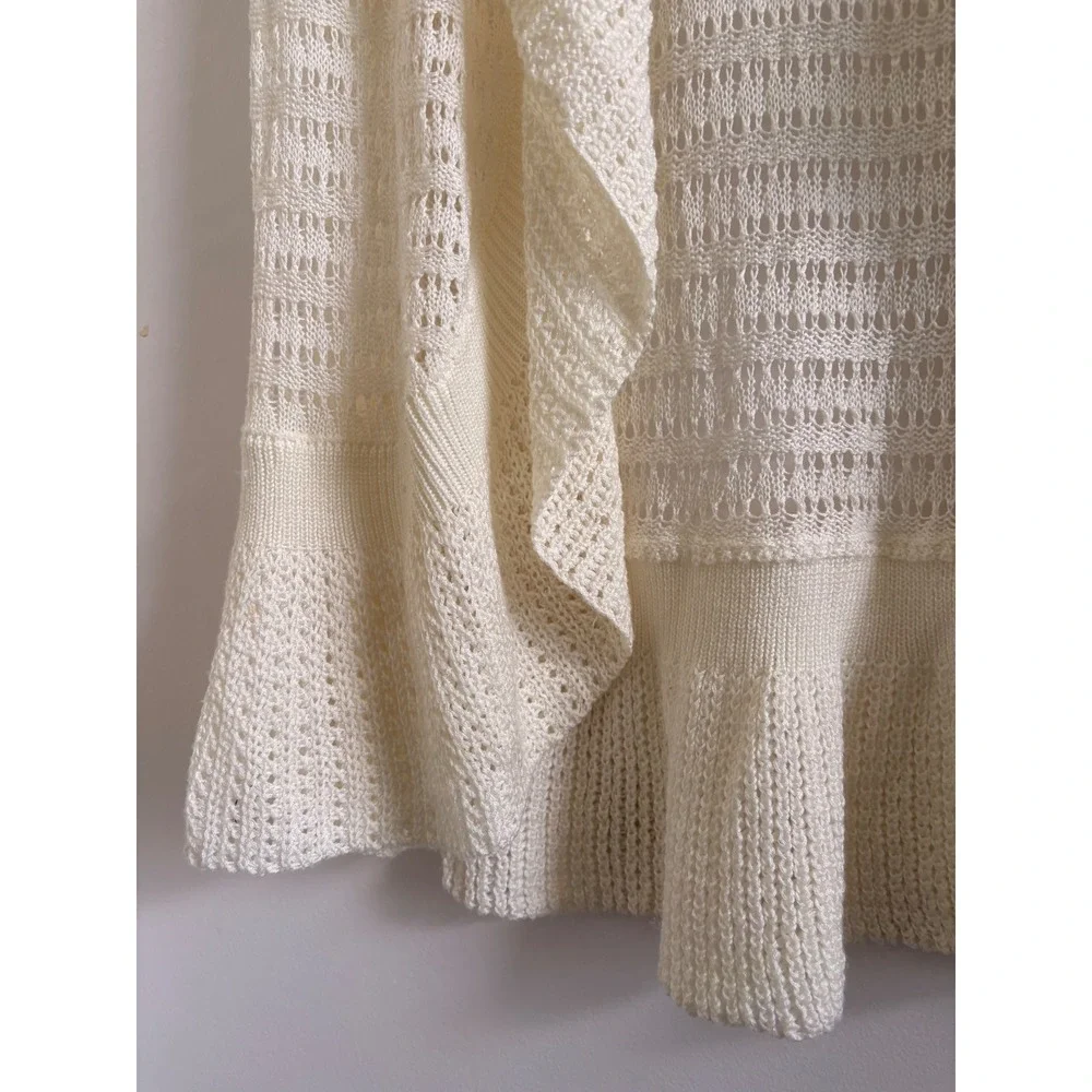 Absolutely Famous Ivory Pointelle Knit Open Front Cardigan Ruffle Hem XL